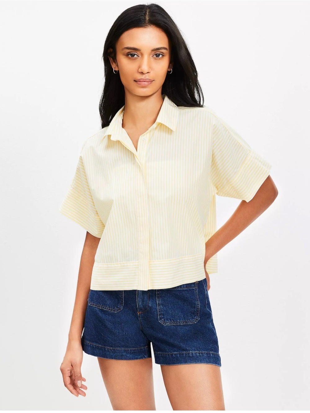LOFT Butter Yellow Striped Cropped Button-Down